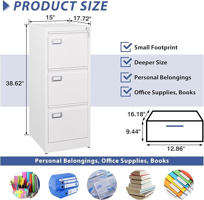 3 Drawer File Cabinet, Filing Cabinets for Home Office, Metal Vertical File Storage Cabinet with Lock, Locking File Cabinet for A4 Legal/Letter, 15" W x 17.7" D x 38.6" H, Assembly Required-DeskLoop Office