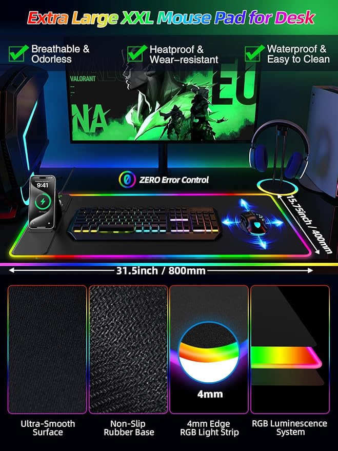 Mouse Pad with Wireless Charger Foldable Phone Holder, XXL RGB Gaming Mousepad - Image 5