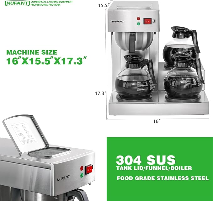 12 Cup Commercial Coffee Maker, Drip Coffee Maker Machine with 3 Warmers Plate and 3 Glass Decanters, Stainless Steel Pour Over Commercial Coffee Brewer for Restaurant, Office, Cafe Use-DeskLoop Office