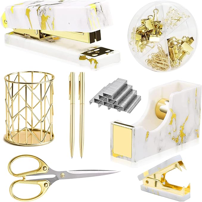 Gold Marble Desk Accessories, Office Supplies Set Stapler Set Staple Remover by Famassi