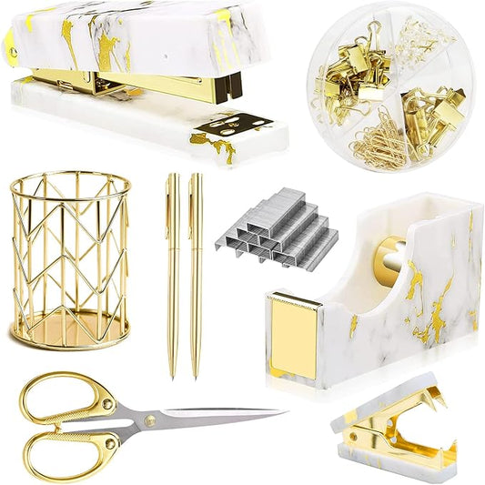 Gold Marble Desk Accessories, Office Supplies Set Stapler Set Staple Remover by Famassi