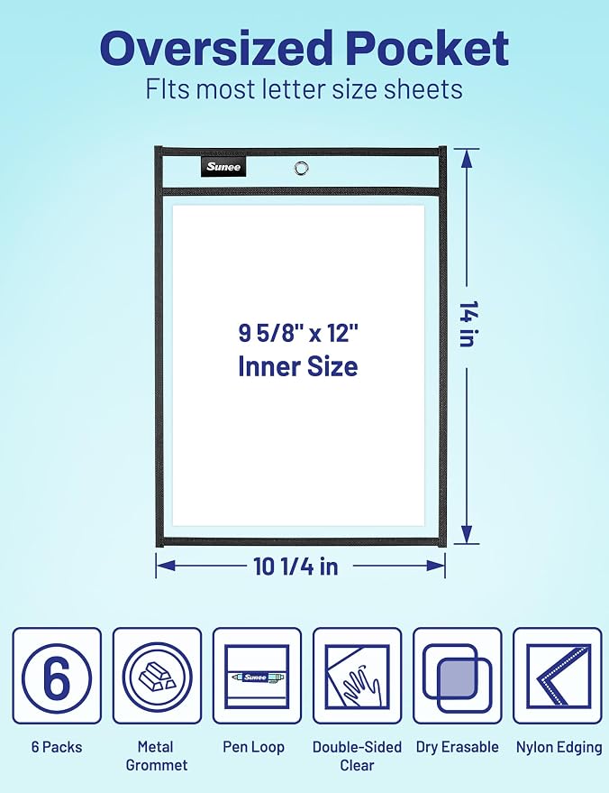 SUNEE 6 Packs Oversized Reusable Dry Erase Pocket Sleeves - Image 2