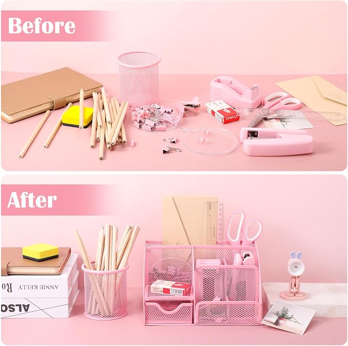 auroray Pink Desk Organizers and Accessories, Tape Dispenser, 1000 Staples - Image 5