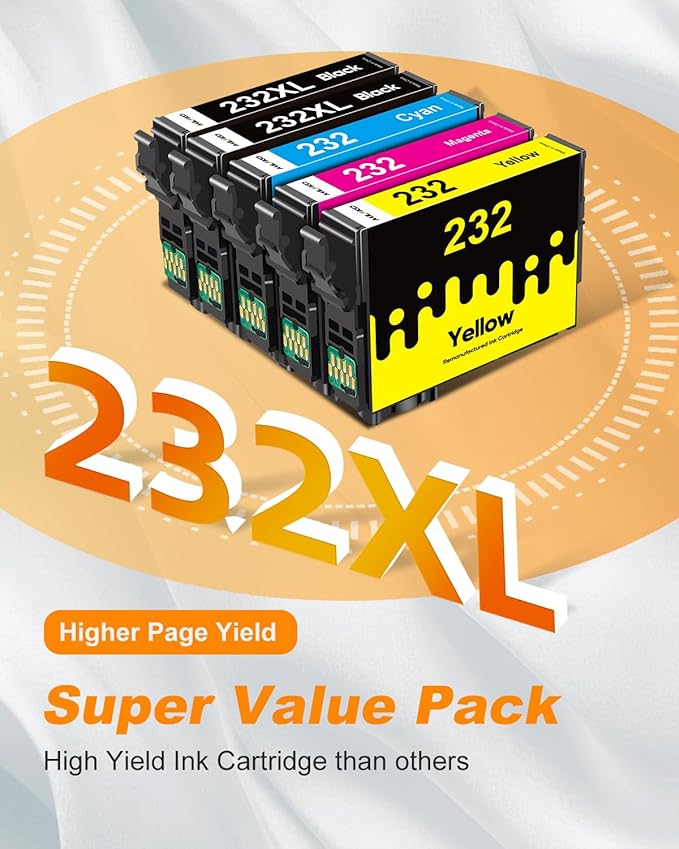 232XL Ink Cartridges Combo Pack Remanufactured Replacement for Epson 232 Ink Cartridge for Epson 232 232XL Ink Cartridges for Epson Printer Epson XP-4205 XP-4200 WF-2930 WF-2950 Printer (5 Pack-DeskLoop Office