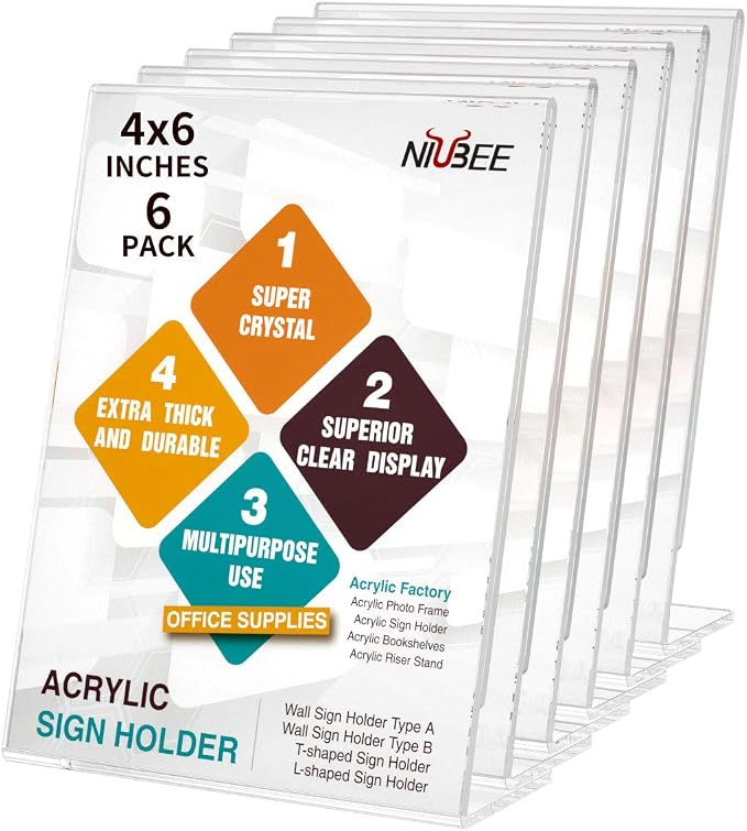 NIUBEE 6Pack Slant Back Acrylic Sign Holder 4x6 inches, Desktop Flyer Holder by NIUBEE