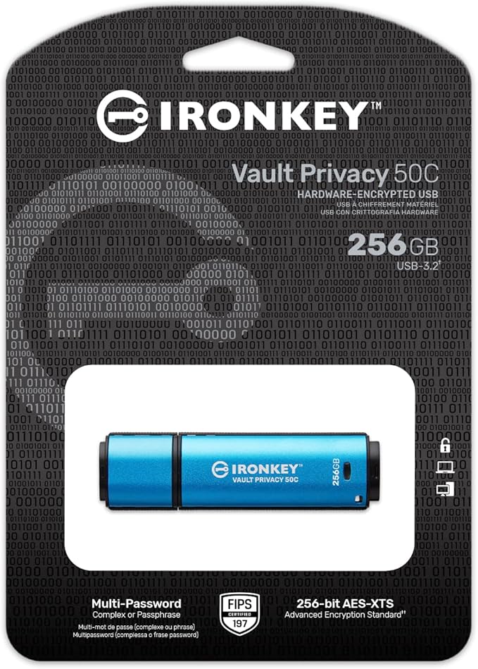 Kingston Ironkey Vault Privacy 50 USB-C 256GB Flash Drive | FIPS 197 Certified | XTS-AES 256-bit | BadUSB and Brute Force Protection | Mult-Password Option | IKVP50C/256GB-DeskLoop Office