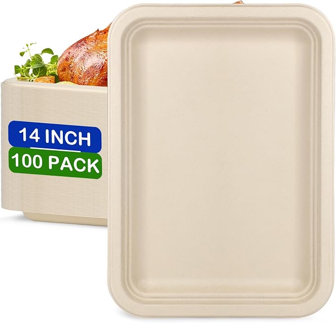 Large Paper Plates 14 Inch, 100 Pack Disposable Trays, Heavy Duty Dinner Size by EcoAvanceOvalPaperPlates