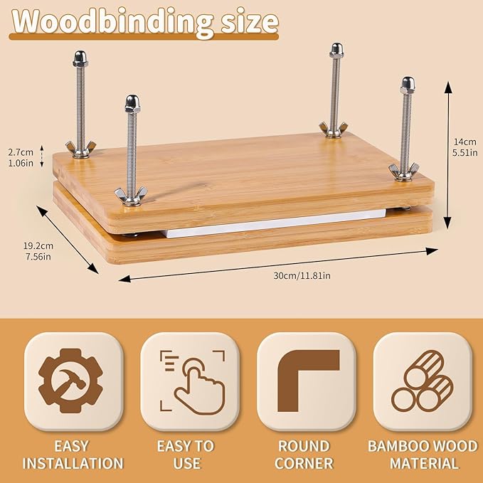 JUPEAN Book Binding Kits, Book Press, 7.9”x11.6”, Books Making Kit Bookbinding Supplies with Wooden Binding Press Books Cover Board Bone Folder Awl Bind Strap for DIY-DeskLoop Office