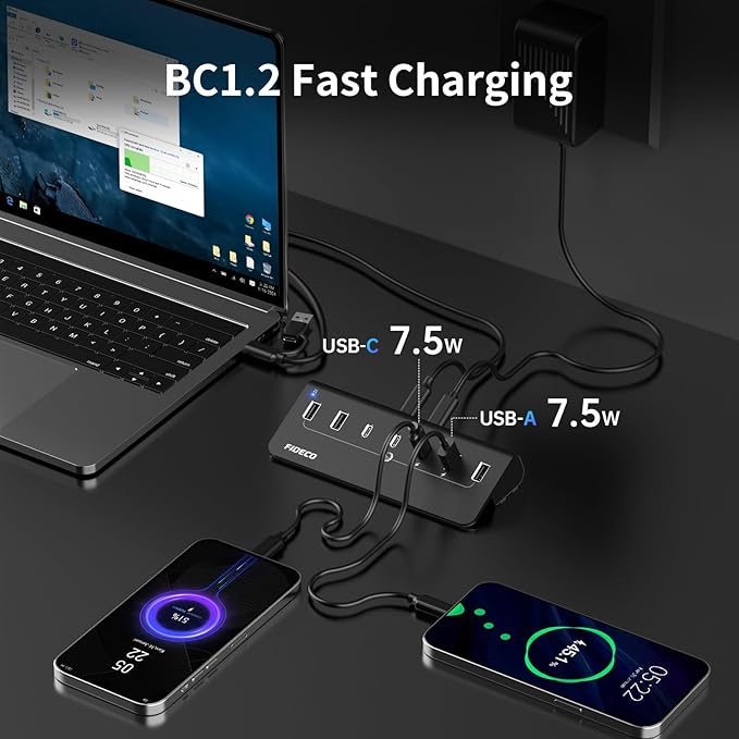 FIDECO Powered USB Hub, 7 Port USB 3.2 Gen 2, 10Gbps Fast Data Hub for iPhone 16/15 and Laptop, Aluminum USB Splitter with 5V 3A Power Adapter, 4 USB-A and 3 USB-C Ports, Support BC1.2 Charging-DeskLoop Office