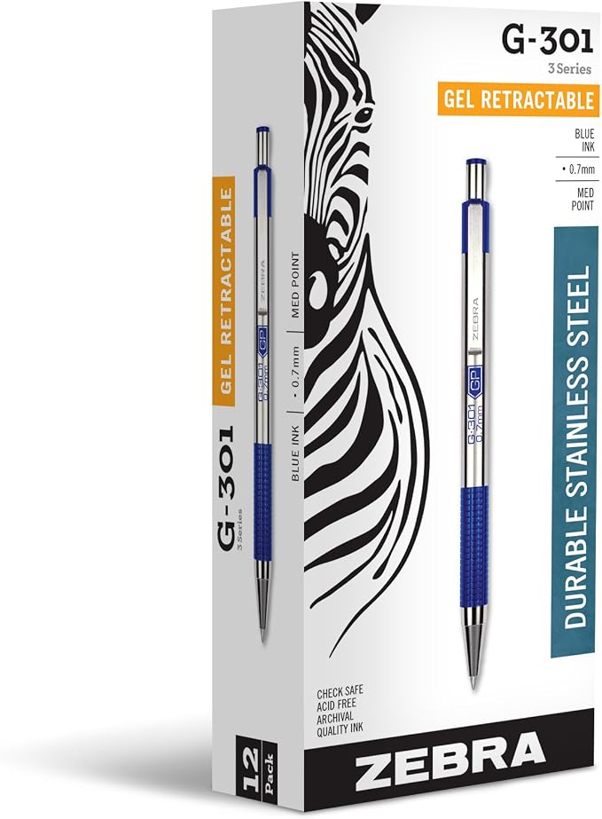 Zebra Pen G-301 Retractable Gel Pen, 0.7mm Medium Point, Stainless Steel Barrel by ZebraPen
