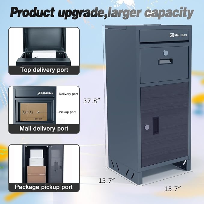 Package Delivery Boxes for Outside, Large Parcel Drop Boxes with Lock, Customize Address Stickers Package Drop Boxes for Outside is Waterproof,Package Delivery Box for Porch(Grey,15.7*15.7*37.8 in)-DeskLoop Office