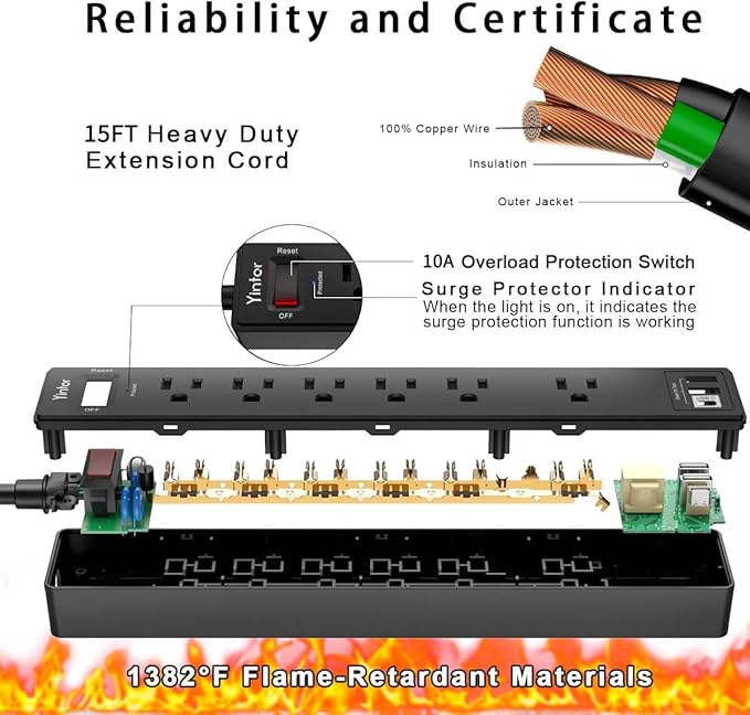 15Ft Power Strip Surge Protector - Yintar Extension Cord with 6 AC Outlets and 3 USB Ports for Home, Office, Dorm Essentials, 1680 Joules, ETL Listed, Black-DeskLoop Office