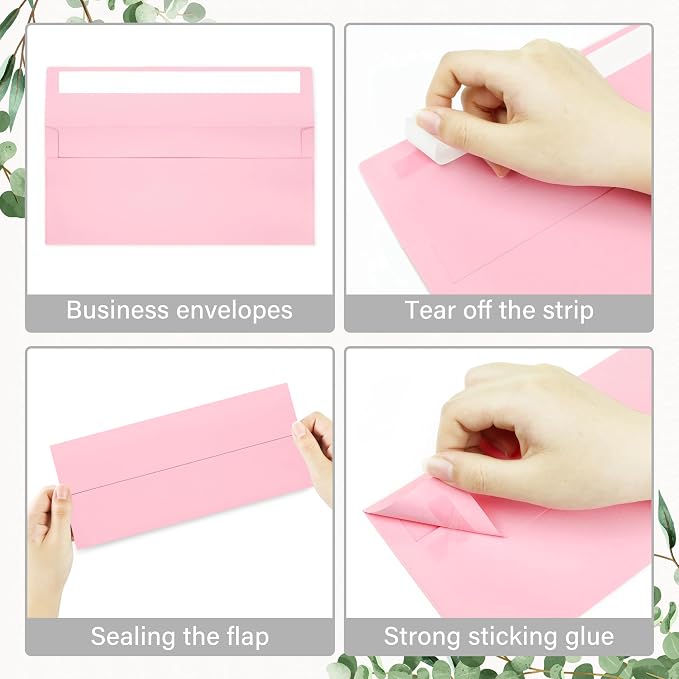 100 Pack #10 Business Envelopes, Self Seal Standard Pink Envelopes - Image 4