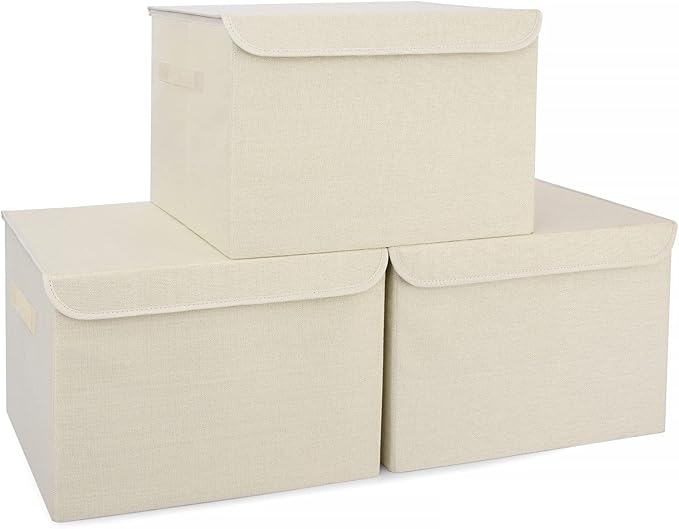 Large 42 Quarts Collapsible Stackable Storage Bins Cube with Lids [3-Pack] Foldable Fabric Linen Storage Boxes, Closet Organizer Baskets with Label for Home (16.7 x 12 x 12", Beige)-DeskLoop Office