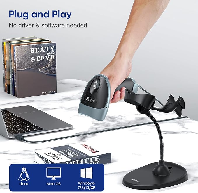 Eyoyo Handheld 2D Barcode Scanner with Gooseneck Stand, Automatic USB Wired QR Code Scanner Bar Code Reader Support Screen Scanning for PC POS System Library Store Supermarket Check-Out, Inventory…-DeskLoop Office