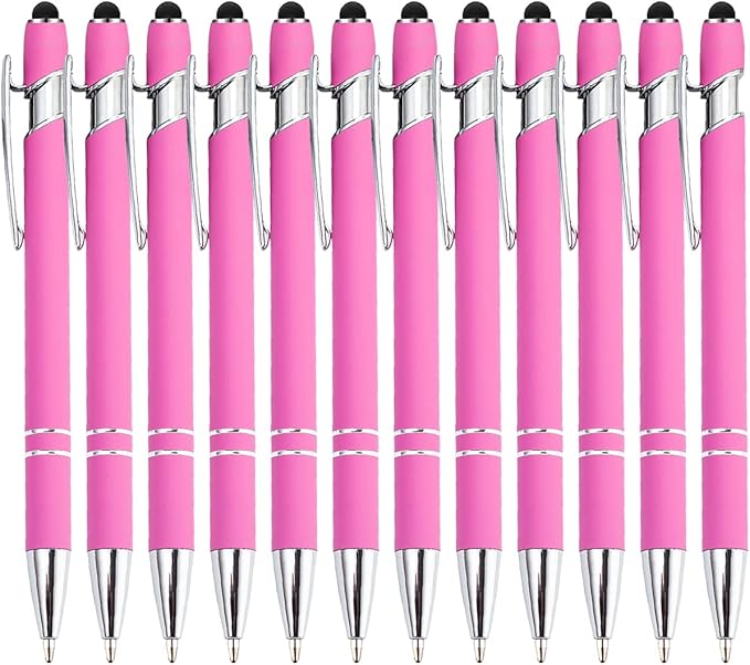 PASISIBICK 12 Pieces Pink Ballpoint Pen with Stylus Tip, 2 in 1 Stylus Stylish Pen, Premium Metal Stylus Pen for Touch Screens, Black Ink, 1.0 mm Medium Point(12 PCS Pink)-DeskLoop Office
