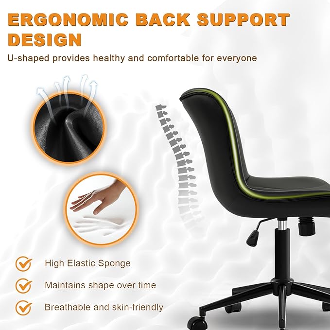 Office Chair, Armless Desk Chair with Wheels, Ergonomic Comfy Home Office Computer Task Chairs, Faux Leather Padded Cute Vanity Chair, Adjustable Height Swivel Chair with Back,Black