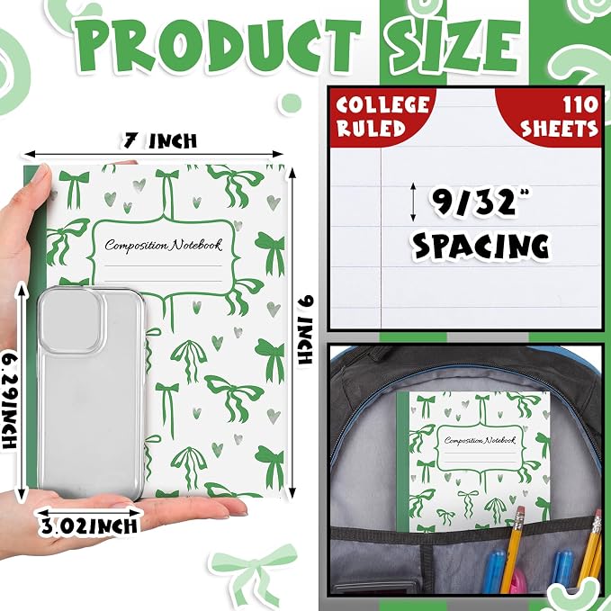 Fullhawl 6 Pack Composition Notebook College Ruled Bulk Green Bow Composition - Image 2
