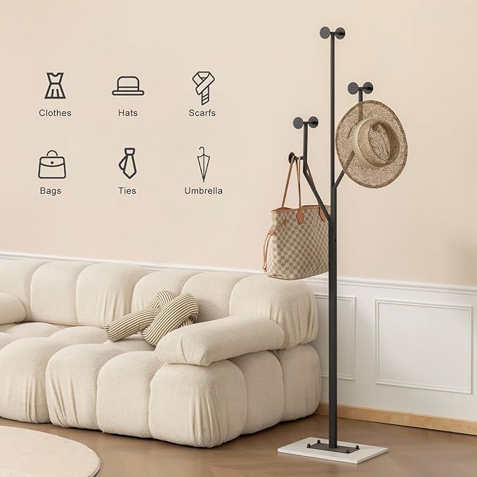 Heavy Duty Coat Rack Tree-shaped Metal Freestanding Coat Tree with Sturdy Marble Base Corner Coat Rack for Bedroom Entryway Hallway 14.96 x 10.24 x 68.9 Inches (Black)-DeskLoop Office