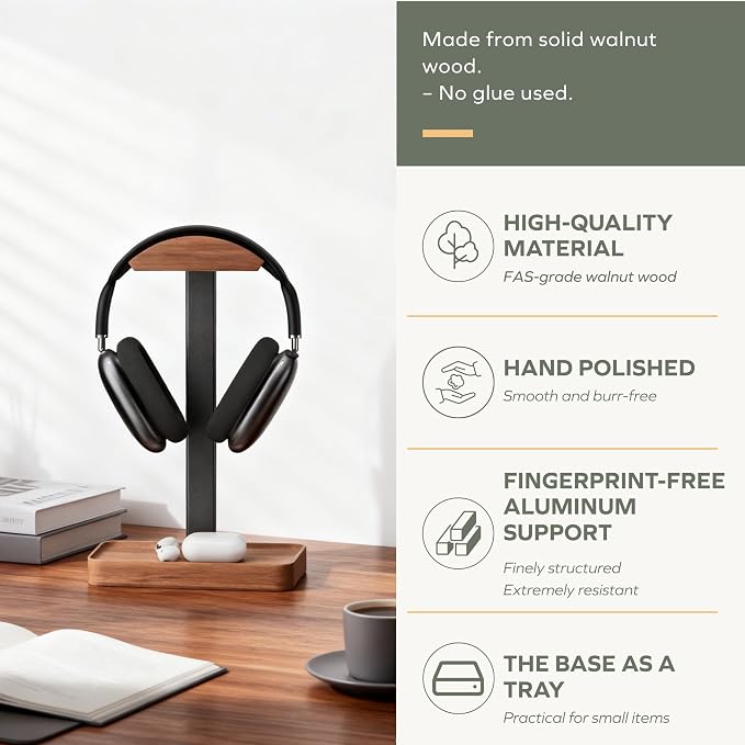 muso wood Walnut Headphone Stand, Wood Headset Stand - Image 4