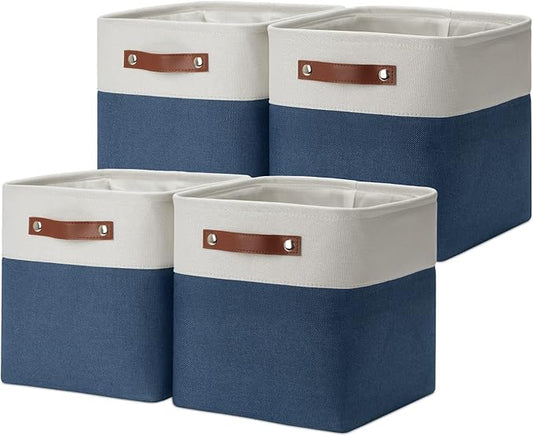 DULLEMELO [Set of 4 Storage Cubes Baskets for Organizing, 11 x 11 x 11 inch Cube Storage Organizer Bins with Leather Handles, Foldable Fabric Cloth Bins for Cube Storage(4 Pack - 11" White&Blue)-DeskLoop Office
