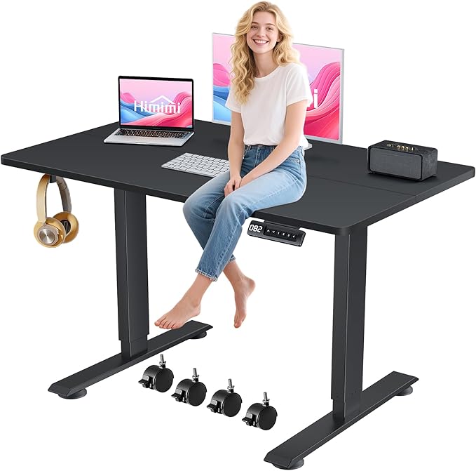 Himimi Electric Standing Desk 48 x 24 inch for Home Office,Sit-Stand Adjustable Desk with Memory Presets,Height Adjustable Desk for Gaming/Working,Free Hook, Lockable Wheels,Black-DeskLoop Office