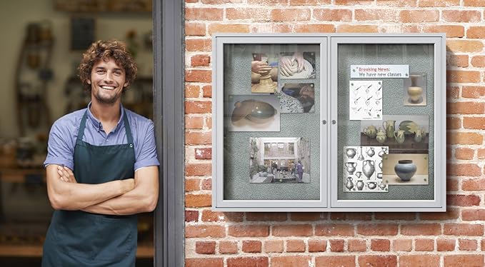 Ghent 36"x48" 2-Door Outdoor Enclosed Vinyl Bulletin Board, Shatter Resistant, with Lock, Satin Aluminum Frame - Caramel (PA23648VX-181), Made in the USA-DeskLoop Office