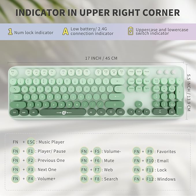 FOPETT Wireless Keyboard and Mouse Combo, 104 Keys Full-Sized 2.4 GHz Round Keycap Colorful Keyboards, USB Receiver Plug and Play, for Windows, Mac, PC, Laptop, Desktop (GradientGreen)-DeskLoop Office