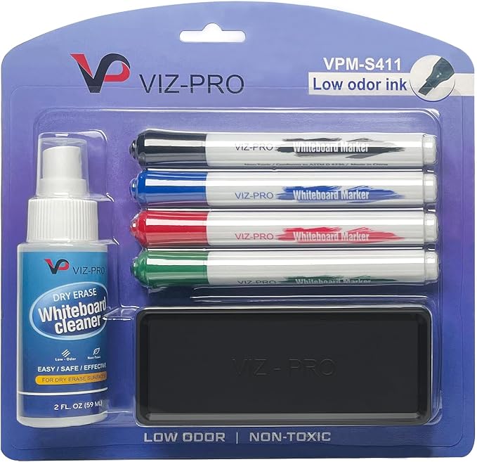 VIZ-PRO Dry Erase Marker Starter Set, Low-Odor Whiteboard Pens, Eraser and by VIZ-PRO