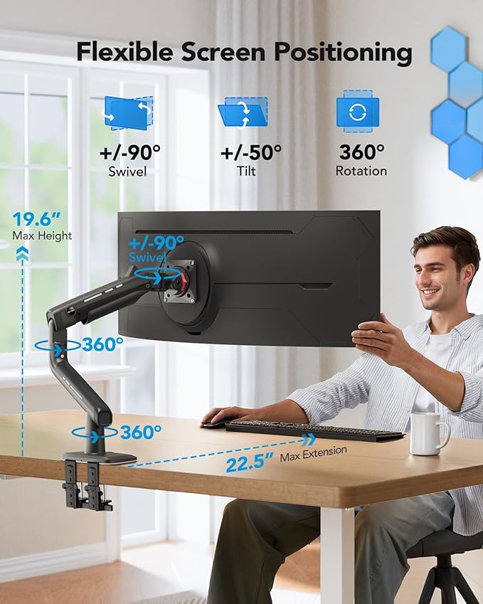 HUANUO Heavy Duty Monitor Arm for Ultrawide Screens up to 49", Holds 40 lbs,Aluminum Ultrawide Screen Desk Mount,Fully Adjustable Single Monitor Mount with C-clamp, Grommet Base, Max VESA 100x100-DeskLoop Office