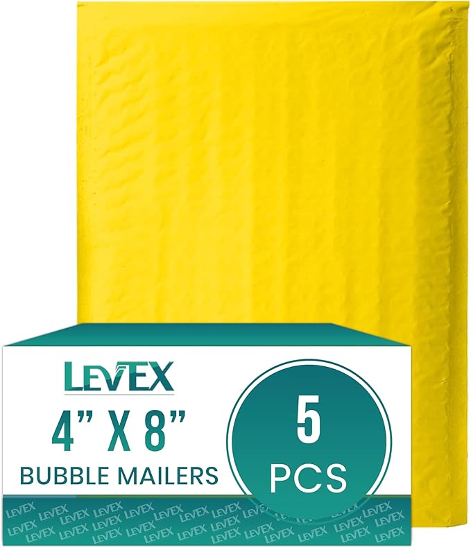 Levex - #000 4" x 8" [5 Pack] Yellow Poly Bubble Mailers, Padded Envelope Mailers, Packing Envelope & Mailing Bags for Shipping-DeskLoop Office