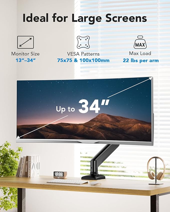 HUANUO Single Monitor Arm 13-34 Inch, Adjustable Gas Spring Arm, Monitor Desk Mount for 4.4-22lbs, VESA 75/100mm with C-Clamp/Grommet Base, Ergonomic Stand for Work/Gaming-DeskLoop Office
