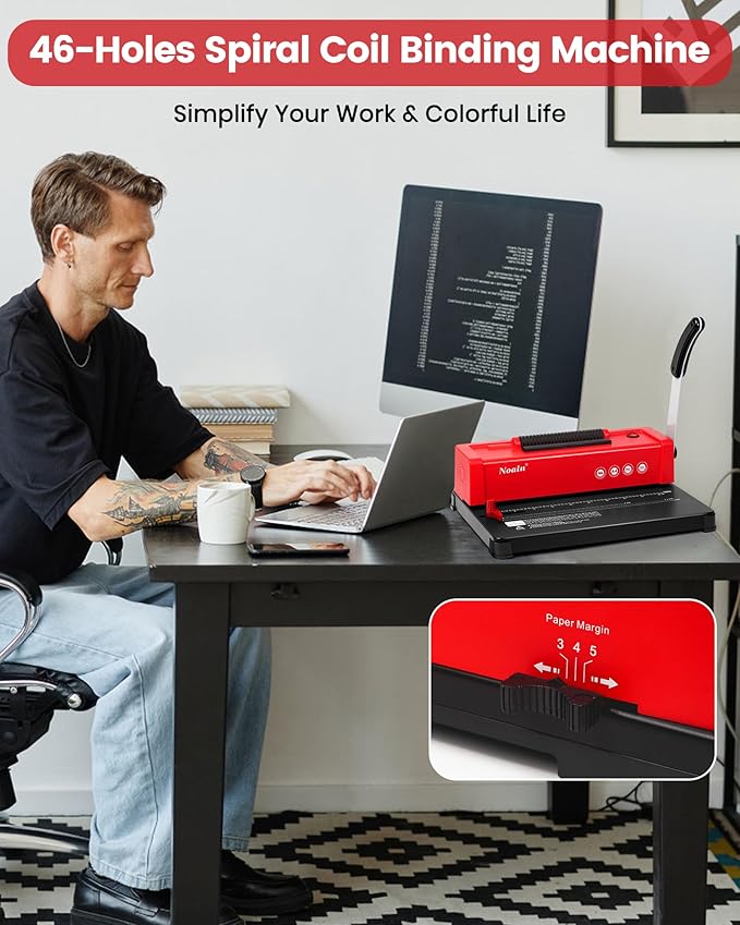 46-Hole Binding Machine Spiral Coil Binder Classic Red,DIY Book Binder Kits with Electric Coil Inserter,100pcs Comb Binding Spines,for Letter Size/A4/A5 School Office Home-DeskLoop Office