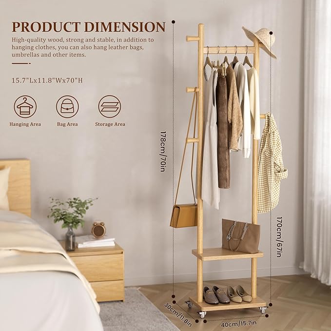 Coat Rack Freestanding Clothing Rack with Wheels & 2 Shelves Storage & 5 Hooks Heavy Duty Clothes Rack Wood Coat Tree Stand Hat Hanger Rack for Corner Bedroom Entryway Living Room Hotel-DeskLoop Office