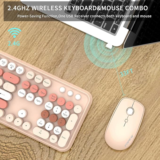 FD Wireless Keyboard and Mouse Combo | Cute Colorful Keyboard and Mouse with 2.4GHz Cordless Retro Typewriter Keyboard | Auto-Sleep | USB Receiver for Windows PC/Laptop - Creamy Colorful-DeskLoop Office