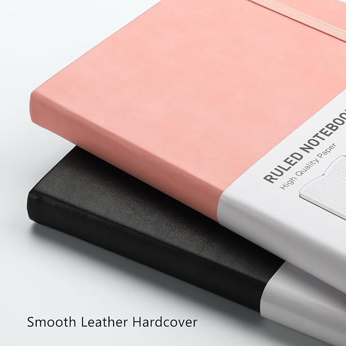 RETTACY Lined Journal Notebook, 2-Pack, 192 Numbered Pages per Pack, A5 Medium Size (5.7'' x 8.3''), for Men & Women, Writing, Work, Leather Hardcover, 100 GSM Thick Paper (Black & Pink)-DeskLoop Office