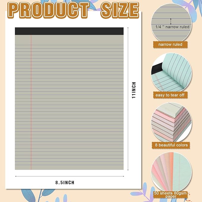 Fuutreo 8 Pcs 8.5'' x 11'' Colored Legal Pad Writing Pads Narrow Ruled 50 Sheets Per Notepad Perforated Writing Notepad Office Supplies for College Office Business (Bohemian Color)-DeskLoop Office