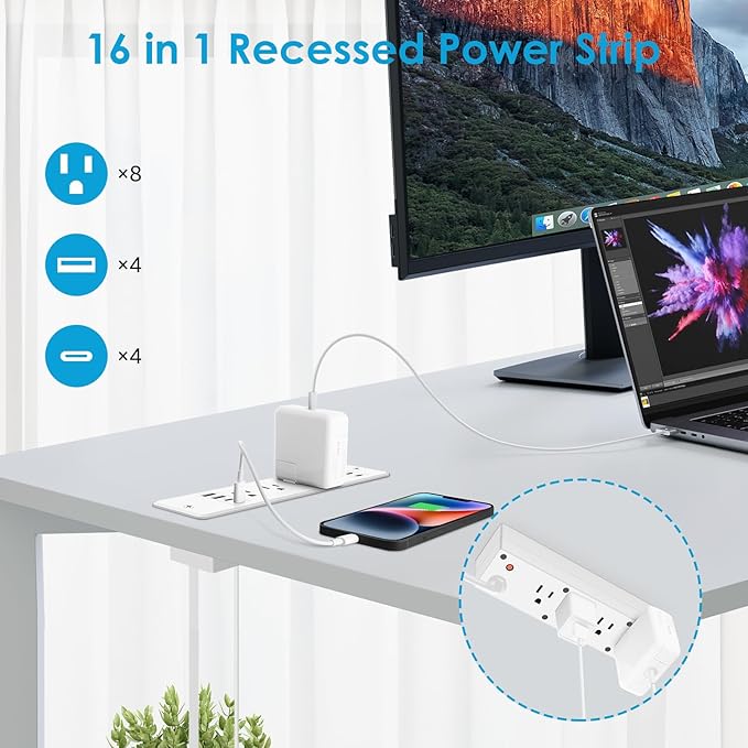 HHSOET 16 in 1 Recessed Power Strip Flat Plug, 30W Fast Charging Furniture Outlet with USB, Conference Recessed Surge Protection with 8 AC Plugs, 4 USB Ports 4 USB-C, 10ft Power Cord.(White)-DeskLoop Office
