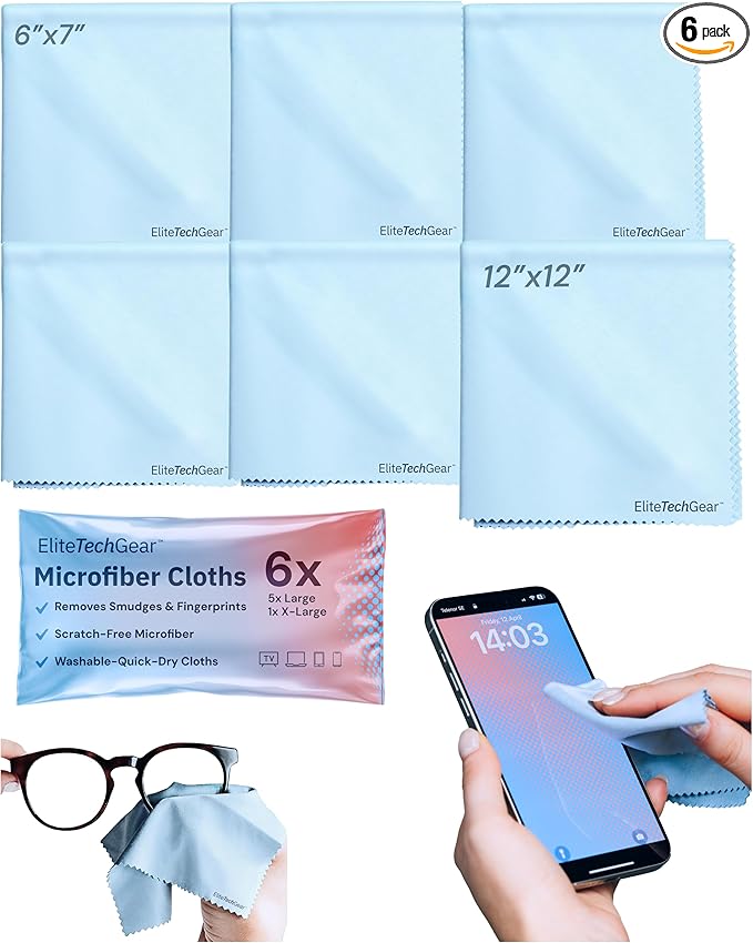 Elite Tech 6-Pack Oversized Microfiber Cloths for Electronic Devices, Eyeglasses, Screens and Lenses - Washable; 6×7 in & 12×12 in - Eyeglass Cloth - Glasses Cleaner-DeskLoop Office
