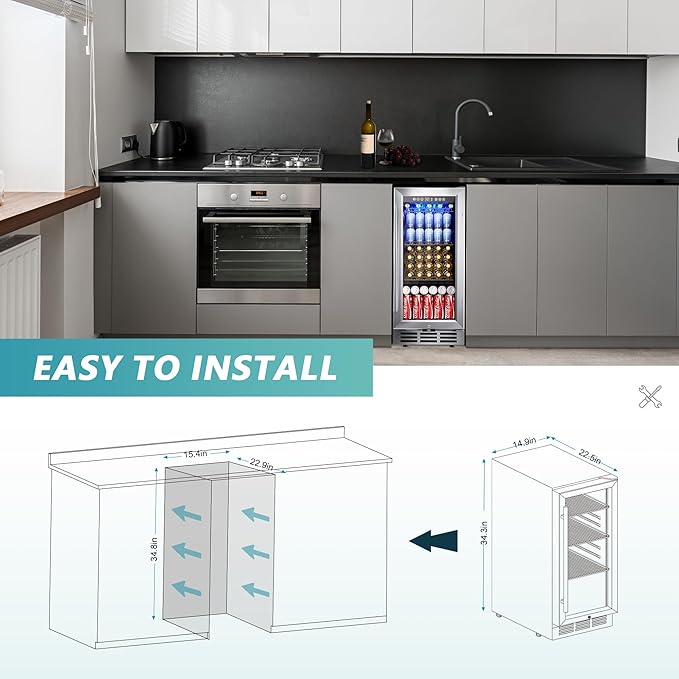 EUHOMY 15 Inch Beverage Refrigerator Cooler Under Counter 127 Cans Beverage Fridge Built-in or Freestanding with Glass Door, LED Light, Beer Fridge for Soda, Water, Wine - Home Kitchen Bar.-DeskLoop Office