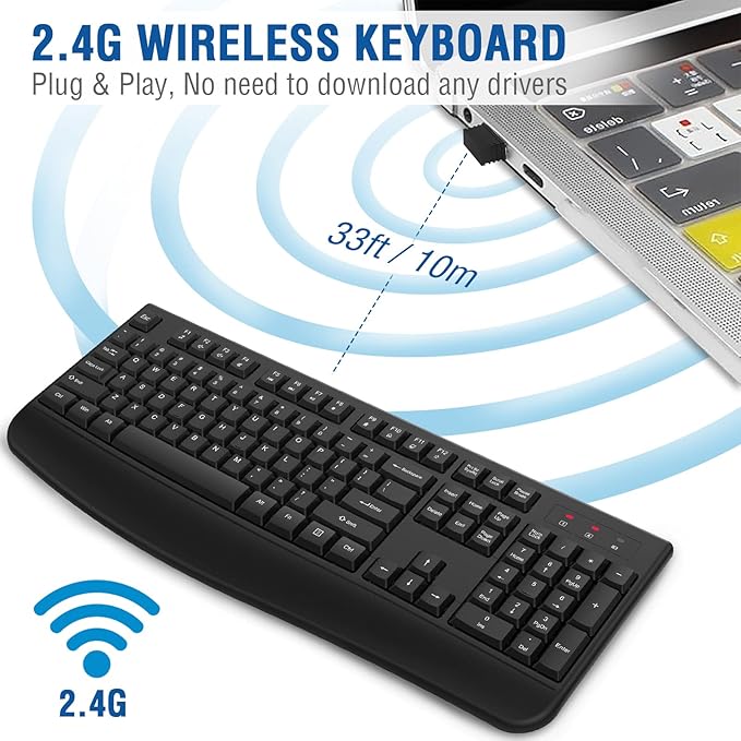 EDJO Wireless Keyboard, 2.4G Ergonomic Full Size Wireless Computer Keyboard with Wrist Rest for Windows, Mac OS Desktop/Laptop/PC（Black）-DeskLoop Office