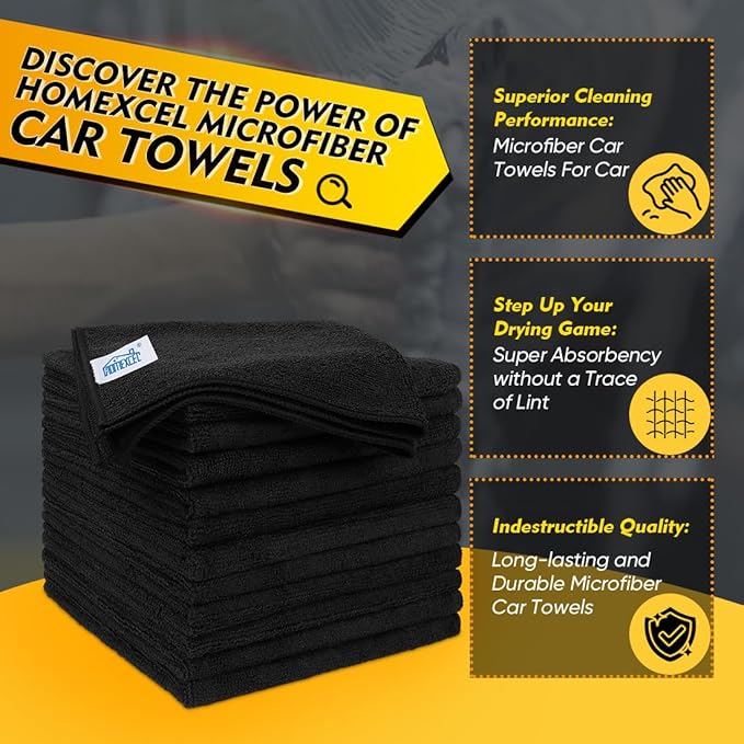 HOMEXCEL Microfiber Cleaning Cloths 12 Pack, Premium 16 x 16 inch Microfiber Towel for Cars, Ultra Absorbent Car Washing Cloth, Lint Free Streak Free Wash Cloths for Car, Kitchen, and Window, Black-DeskLoop Office
