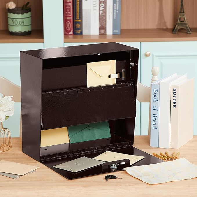 Extra Large Wall Mount Mailboxes for Outside 15.35 x 15 x 7 Inches Locking Security Mail Box Galvanized Steel Wall Mailbox Large Capacity Post Box with Key Lock and Reflective Stickers(Brown)-DeskLoop Office