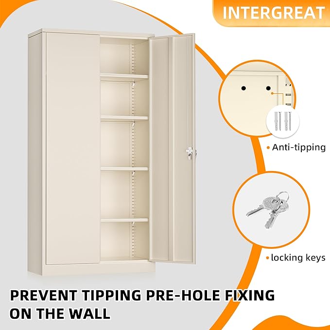 INTERGREAT Metal Storage Cabinet with Lock,72 Tall Armoire Wardrobe Closet with Doors,Cream Grey Storage Closet Cabinet with Adjustable Shelves and Removable Hanging Rods-DeskLoop Office