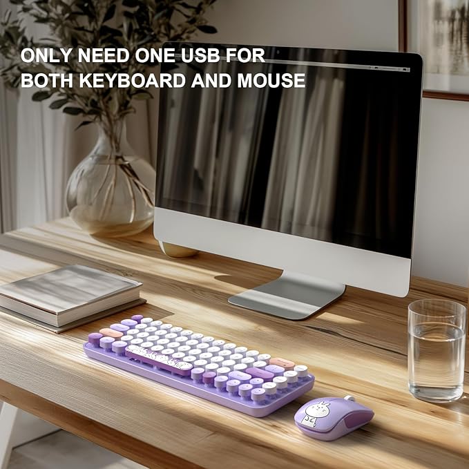 FOPETT Wireless Keyboard and Mouse Cute Mouse and Keyboard 2.4G Wireless Keyboards with Colorful 68 Keys Typewriter Retro Round Keycap for PC, Laptop,Tablet,Computer Windows - Purple Colorful-DeskLoop Office