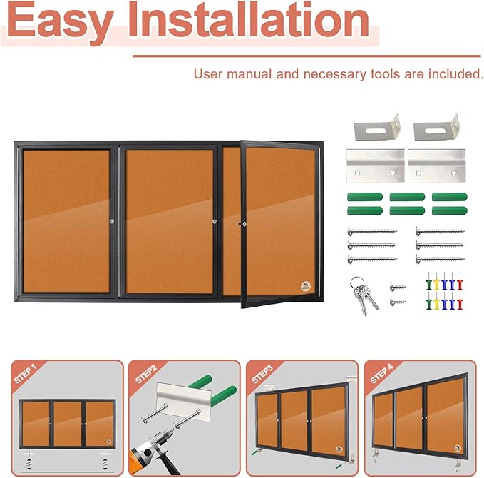 Enclosed Bulletin Board Lockable,3 Doors Weatherproof Outdoor Noticeboard with Locking Door, Wall-Mounted Aluminum Framed Presentation Board, 70x36 Inch-DeskLoop Office