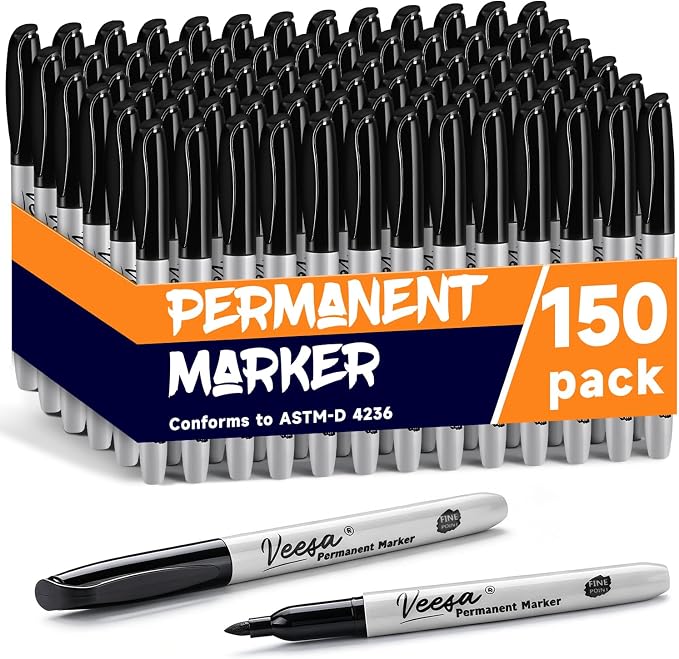 VEESA Permanent Markers Black, 1-Second Quick Drying, Fine Tip, by VEESA