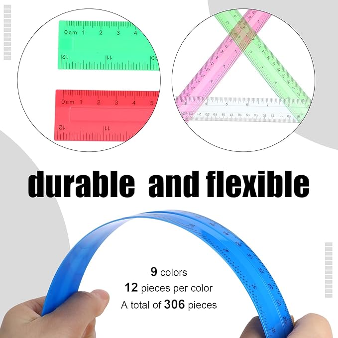 Panelee 306 Pcs 12 Inch Plastic Ruler Color Transparent Ruler Assorted Color Metric Clear Ruler with Inches and Centimeters for Kids School Home Classroom Office Back to School Gifts Supplies-DeskLoop Office