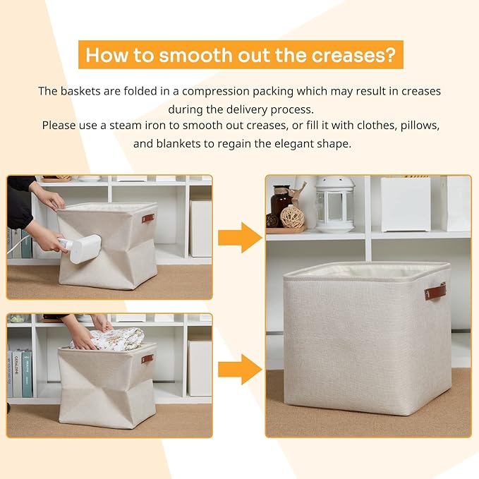 DULLEMELO Storage Bins, 4 Pack Of 13x13x13 Decorative Storage Cube Bins Suit Office, Home, Shelves And Closet, Cube Storage Bin with Leather handle(4 Pack - 13" Beige)-DeskLoop Office