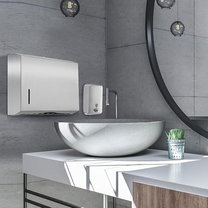 2 Pcs Commercial Soap Dispenser and Paper Towel Dispenser Set with Lock-Stainless Steel,Wall Mount,Large Capacity Manual Liquid Pump Rust Proof Leak Free for Home Bathroom (500 ml,Style 2)-DeskLoop Office